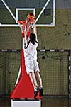one healthy young  man play basketball game in school gym indoor