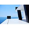 External view of a contemporary house modern villa at  sunset