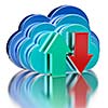 Remote database cloud computing technology storage upload download concept - 3 metal glossy cloud icons and download and upload arrows with reflection on white