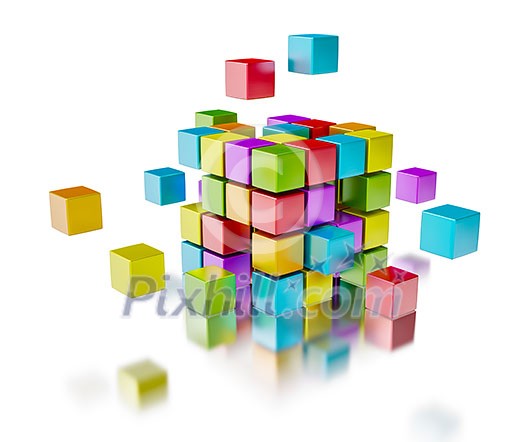 Business team teamwork collaboration concept - colorful color cubes assembling into cubic structure isolated on white with reflection Business team teamwork collaboration concept - colorful color cubes assembling into cubic structure isolated on white with reflection