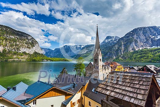 Austrian tourist destination Hallstatt village on Hallstatter See in Austrian alps. Salzkammergut region, Austria Austrian tourist destination Hallstatt village on Hallstatter See in Austrian alps. Salzkammergut region, Austria