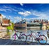 Bicycle is very common and popular transport in Europe. Bicycles in european town street. Ghent, Belghium