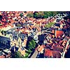 Aerial view of Bruges (Brugge) from Belfry, Belgium. Tilf shift effect. Cross processed vintage retro style.