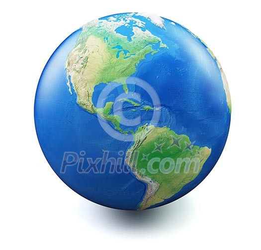Earth isolated on white background with soft shadow, focus on Americas and United States. Map and earth data used is computer generated in public domain from www.naturalearthdata.com