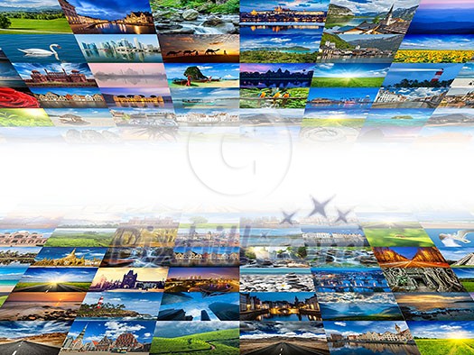 Multimedia background composed of many travel images from all over the world Multimedia background composed of many travel images from all over the world