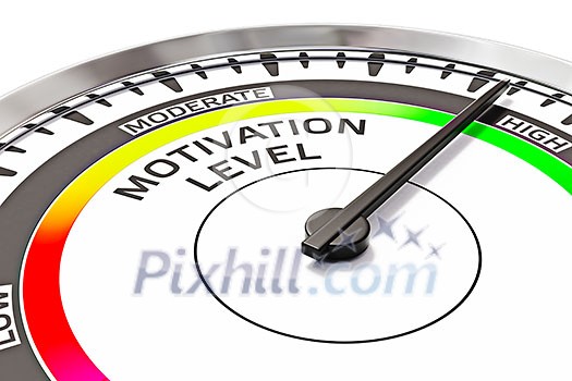 Motivation level concept - gauge gage dial close up with arrow measuring high motivation Motivation level concept - gauge gage dial close up with arrow measuring high motivation