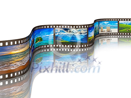 Global tourism travel concept - photo film with travel images with reflection on white background Global tourism travel concept - photo film with travel images with reflection on white background