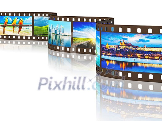 Global travel world countries concept - photo film with travel images with reflection on white background Global travel world countries concept - photo film with travel images with reflection on white background