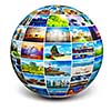 Global travel media world globe concept - picture sphere with travel images isolated on white. All photos are from my portfolio.