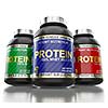 Sport nutrition and bodybuilding fitness supplements concept - whey isolate, soy and egg protein cans on white background with reflection, wide angle shot from low point of view