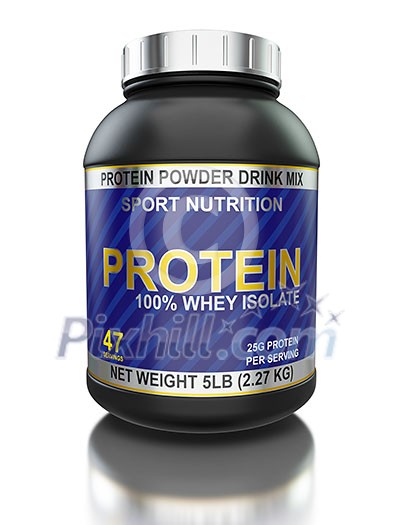 Sport nutrition, bodybuilding supplements, diet concept - whey isolate protein jar isolated on white background with reflection Sport nutrition, bodybuilding supplements, diet concept - whey isolate protein jar isolated on white background with reflection