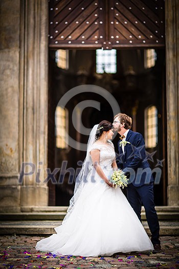 Portrait of a young wedding couple on their wedding day Portrait of a young wedding couple on their wedding day