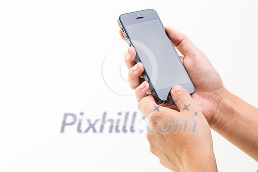 Female hand holding a smart phone, isolated on white Female hand holding a smart phone, isolated on white