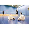 Badminton - badminton courts with players competing; shuttlecocks in the foreground (shallow DOF; color toned image)