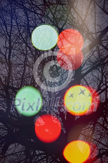 abstract tree background with blured street lights and double exposure abstract tree background with blured street lights and double exposure