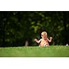 happy young baby child sittng on grass on beautiful summer day in park