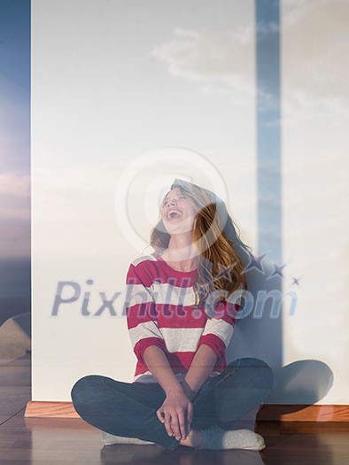 happy young woman relaxing at home happy young woman relaxing at home