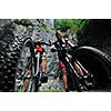 two friends have fun outdoor in nature and representing concept of  healthy life and fitnes on muntain bike 