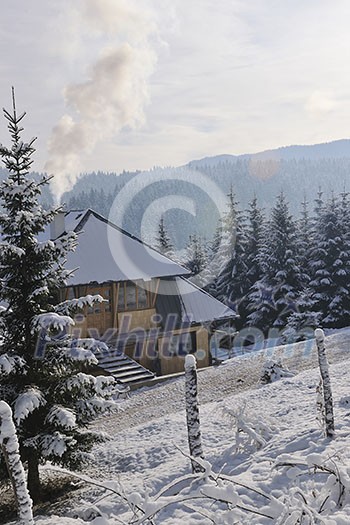 wooden winter house at early morning wooden winter house at early morning