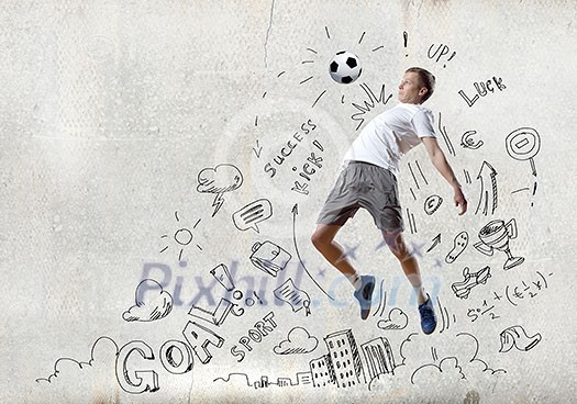 Football player in jump with sketches at background Football player in jump with sketches at background