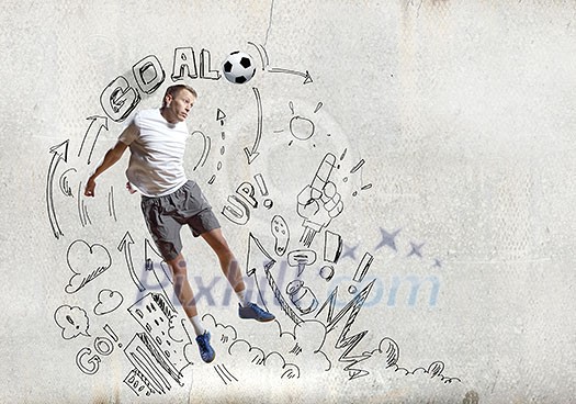 Football player in jump with sketches at background Football player in jump with sketches at background