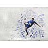 Football player in jump with sketches at background