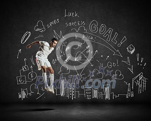 Football player in jump with sketches at background Football player in jump with sketches at background