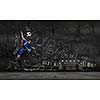 Football player in jump with sketches at background