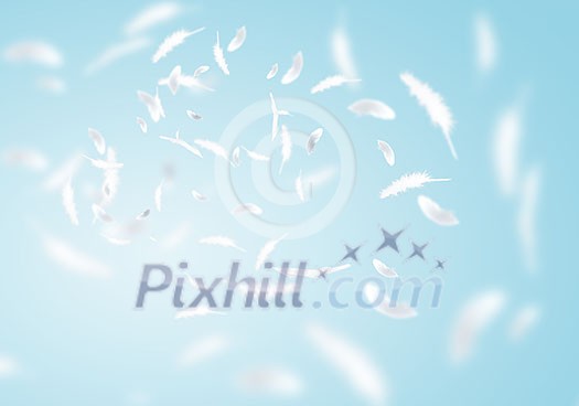Abstract background image of white feathers flying in air Abstract background image of white feathers flying in air