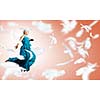 Young attractive woman in blue dress jumping high