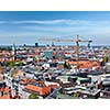 Aerial view of Munich with construction site and cranes, Bavaria, Germany