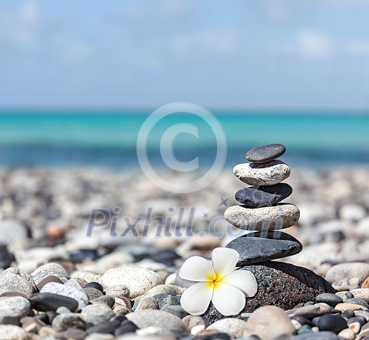 Zen meditation spa relaxation background - balanced stones stack with frangipani plumeria flower close up on sea beach Zen meditation spa relaxation background - balanced stones stack with frangipani plumeria flower close up on sea beach