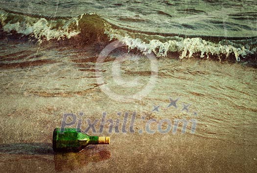 Vintage retro hipster style travel image of message bottle on beach sand in waves with grunge texture overlaid Vintage retro hipster style travel image of message bottle on beach sand in waves with grunge texture overlaid