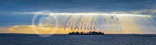 Panorama of lake sunset with sunrays coming through clouds. Lake Narach, Belarus Panorama of lake sunset with sunrays coming through clouds. Lake Narach, Belarus