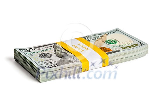 Creative business finance making money concept bundle of 100 US dollars 2013 edition banknotes bills isolated on white Creative business finance making money concept bundle of 100 US dollars 2013 edition banknotes bills isolated on white
