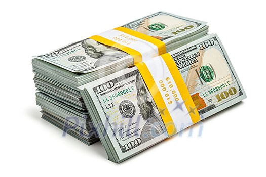 Creative business finance making money concept - stack of bundles of 100 US dollars 2013 edition banknotes bills isolated on white Creative business finance making money concept - stack of bundles of 100 US dollars 2013 edition banknotes bills isolated on white