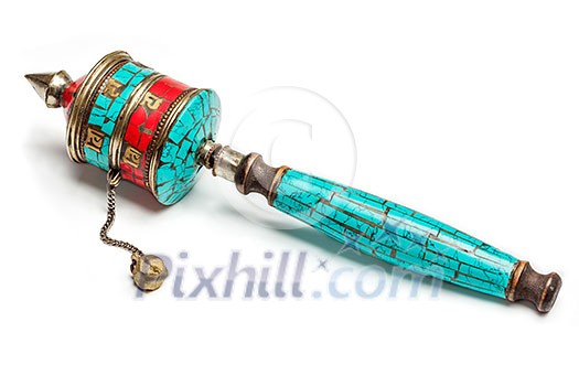 Tibetan buddhist Mani wheel or hand prayer wheel isolated on white Tibetan buddhist Mani wheel or hand prayer wheel isolated on white