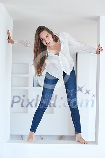 portrait of happy young beautiful woman at home portrait of happy young beautiful woman at home