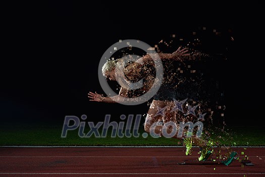pixelated design of woman sprinter leaving starting blocks on the athletic track. Side view. exploding start pixelated design of woman sprinter leaving starting blocks on the athletic track. Side view. exploding start