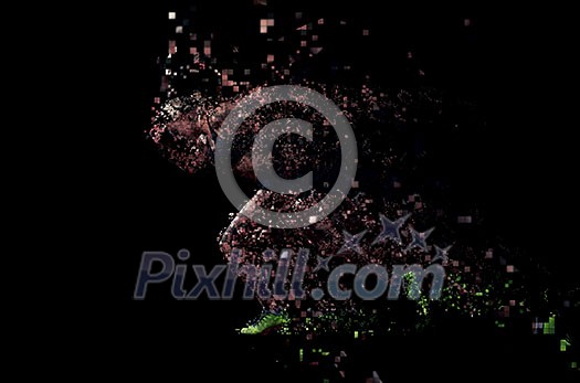 pixelated design of woman sprinter leaving starting blocks on the athletic track. Side view. exploding start pixelated design of woman sprinter leaving starting blocks on the athletic track. Side view. exploding start