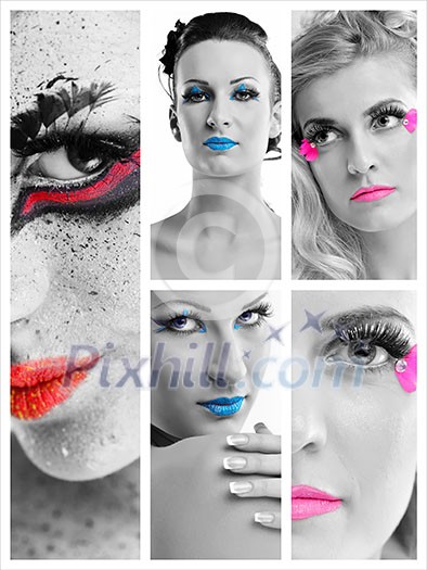 Fashion Beauty collage. Beautiful Woman With hairsyle and Luxury Makeup isolated on white background in studio. Beautiful Girl Face Fashion Beauty collage. Beautiful Woman With hairsyle and Luxury Makeup isolated on white background in studio. Beautiful Girl Face