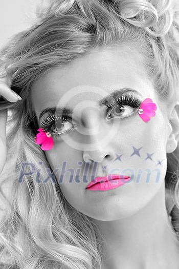 Fashion Beauty. Beautiful Woman With hairsyle and Luxury Makeup isolated on white background in studio. Beautiful Girl Face Fashion Beauty. Beautiful Woman With hairsyle and Luxury Makeup isolated on white background in studio. Beautiful Girl Face