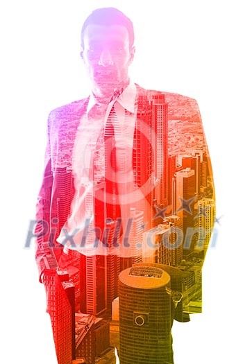 Double exposure concept of businessman and city