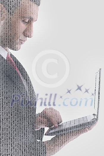 double exposure of business man working on laptop computer and abstract programming code numbers double exposure of business man working on laptop computer and abstract programming code numbers