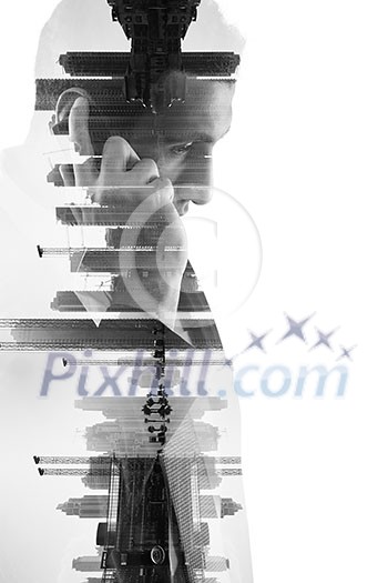 double exposure of business man with mobile phone and city buildings background. abstract design idea double exposure of business man with mobile phone and city buildings background. abstract design idea