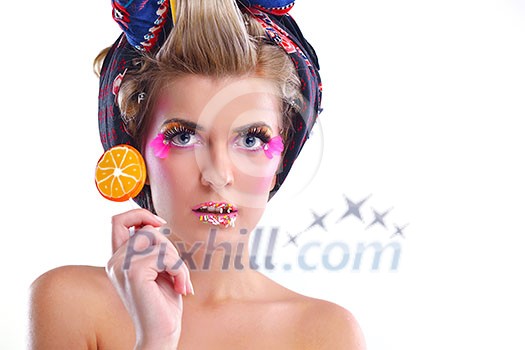 Fashion Beauty. Beautiful Woman With hairsyle and Luxury Makeup isolated on white background in studio. Beautiful Girl Face Fashion Beauty. Beautiful Woman With hairsyle and Luxury Makeup isolated on white background in studio. Beautiful Girl Face