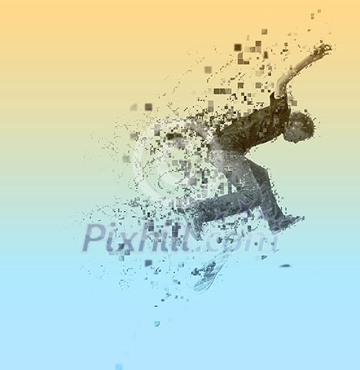 abstract pixelated design of a Boy practicing and jumping skate in a park abstract pixelated design of a Boy practicing and jumping skate in a park