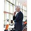 portrait of senior business man with grey beard and hair alone i modern office indoors
