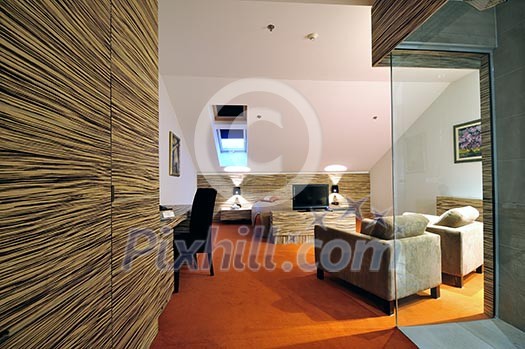 modern hotel room appartment indoor with double bed and lcd tv modern hotel room appartment indoor with double bed and lcd tv