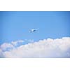 modern airplane travel,  clear blue sky in background